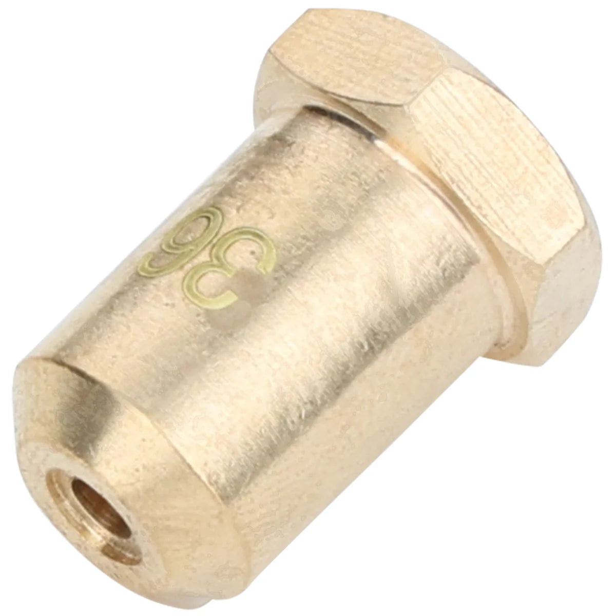 A brass NG nozzle with a hexagonal head and a small central hole. The number 36 is engraved on the side, indicating its size. Shown on a white background, the Empura Parts nozzle lies at an angle to display threads and marking.