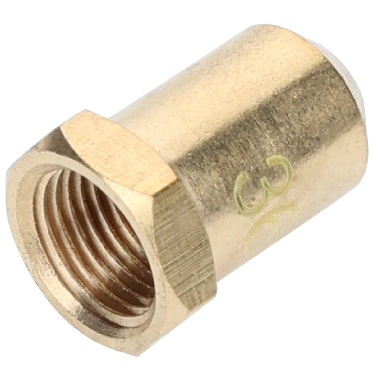 A close-up view of an Empura Equipment brass hexagonal nut with internal threading. The nut, used as an NG nozzle, lies on its side, showcasing the open threaded end and a smooth, angled body with a flat hex head. “3” is faintly visible on the surface.
