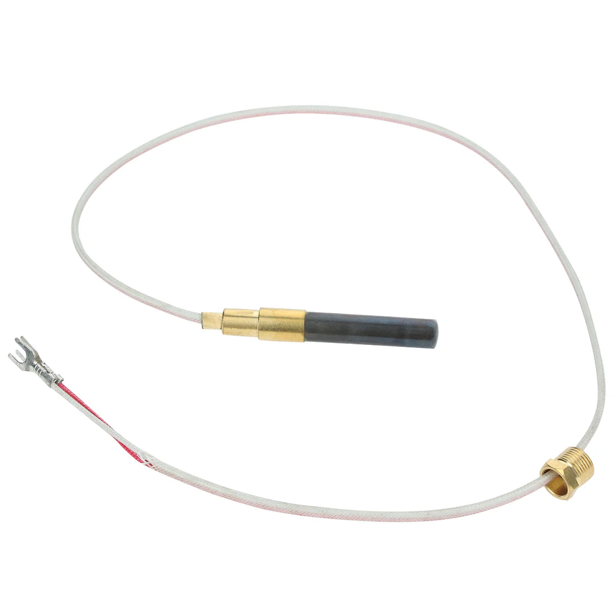A metallic temperature sensor from Empura Parts features a cylindrical probe, brass fittings, a long white insulated wire, and a forked terminal. The loosely coiled wire and dark thermal pile sensor probe ensure precise readings for Empura Equipment.