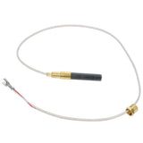 A metallic temperature sensor from Empura Parts features a cylindrical probe, brass fittings, a long white insulated wire, and a forked terminal. The loosely coiled wire and dark thermal pile sensor probe ensure precise readings for Empura Equipment.