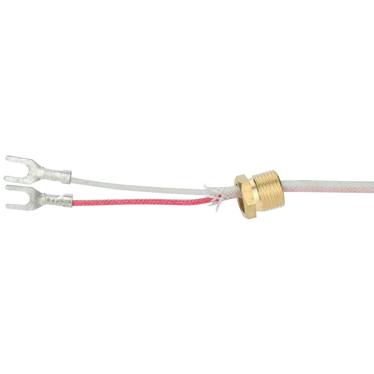 A metal temperature sensor from Empura Parts with two white wires, one striped red, each ending in a silver fork terminal. The wires connect to a brass threaded probe for mounting. Ideal for use with Empura Equipment. Background is plain white.