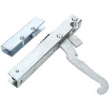 An Empura Parts silver metal toggle clamp with a long, curved handle and notched locking mechanism is shown beside its matching rectangular left hinge bracket, both crafted from steel with visible screws and a matte finish on a white background.