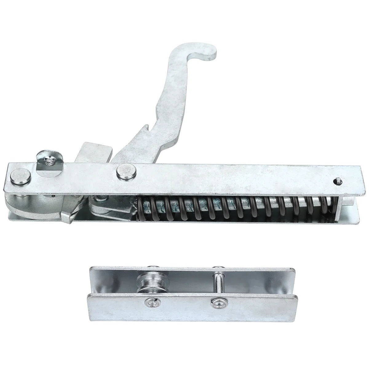 A close-up photo of a metallic Empura Equipment oven door hinge assembly with a coiled spring and hooked lever, shown alongside a separate left hinge bracket, both made of shiny silver metal, isolated on a white background.
