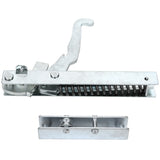 A close-up photo of a metallic Empura Equipment oven door hinge assembly with a coiled spring and hooked lever, shown alongside a separate left hinge bracket, both made of shiny silver metal, isolated on a white background.