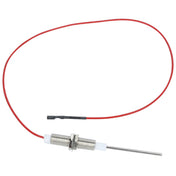 A metal probe-style flame sensor with a red insulated wire attached. The cylindrical metal sensor features two nuts, white plastic ends, and a long thin rod extending from one side. The Empura Parts ECO-613 wire is coiled loosely beside the sensor.