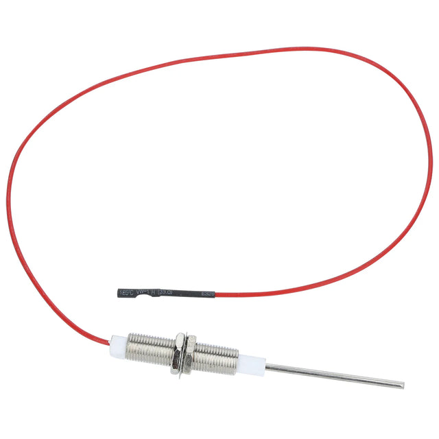 A metal probe-style flame sensor with a red insulated wire attached. The cylindrical metal sensor features two nuts, white plastic ends, and a long thin rod extending from one side. The Empura Parts ECO-613 wire is coiled loosely beside the sensor.