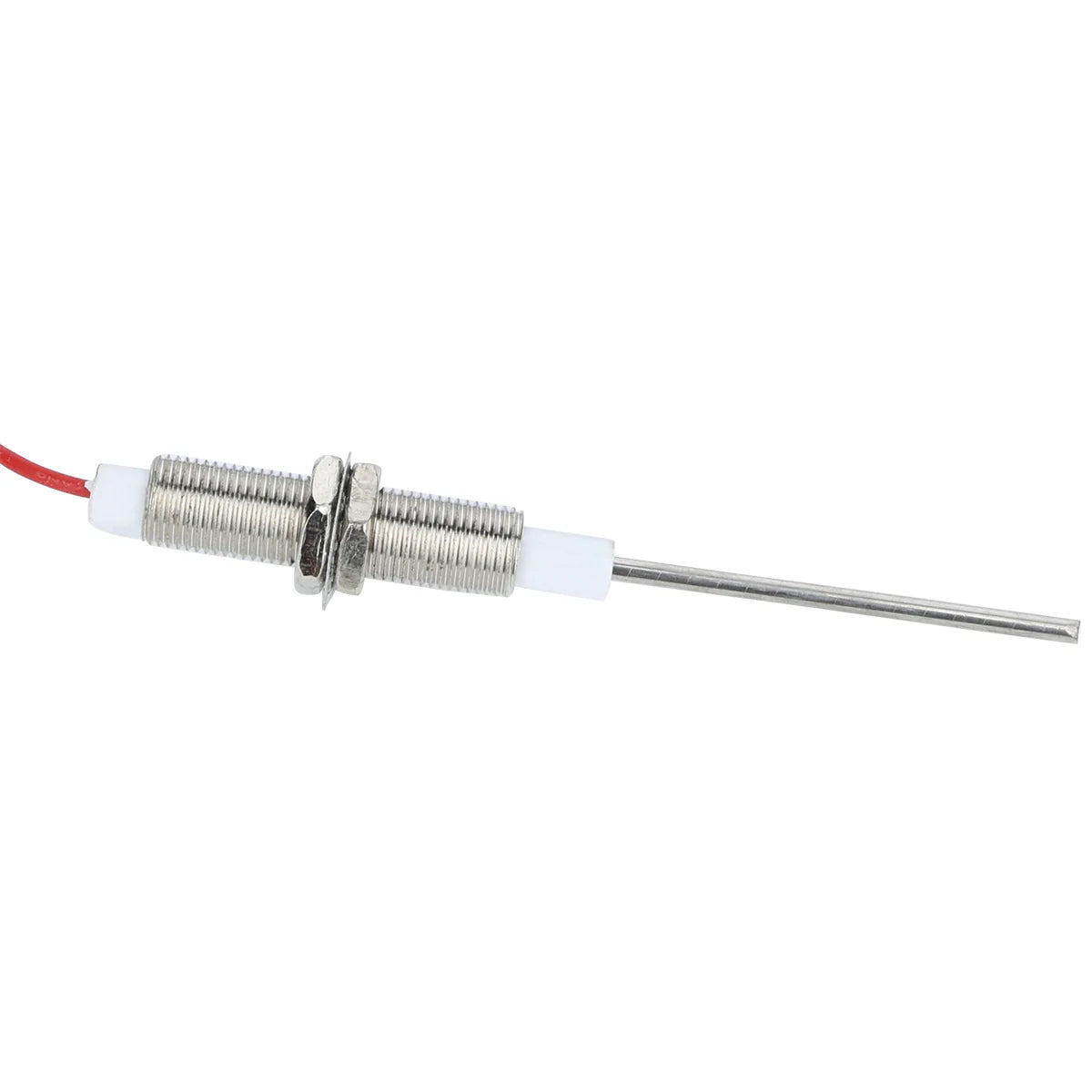 This Empura Parts flame sensor, model ECO-613, features a metallic cylindrical probe with threaded body and nuts, white insulating section, long metal rod tip, and red wire for electrical connection—all set against a plain white background.