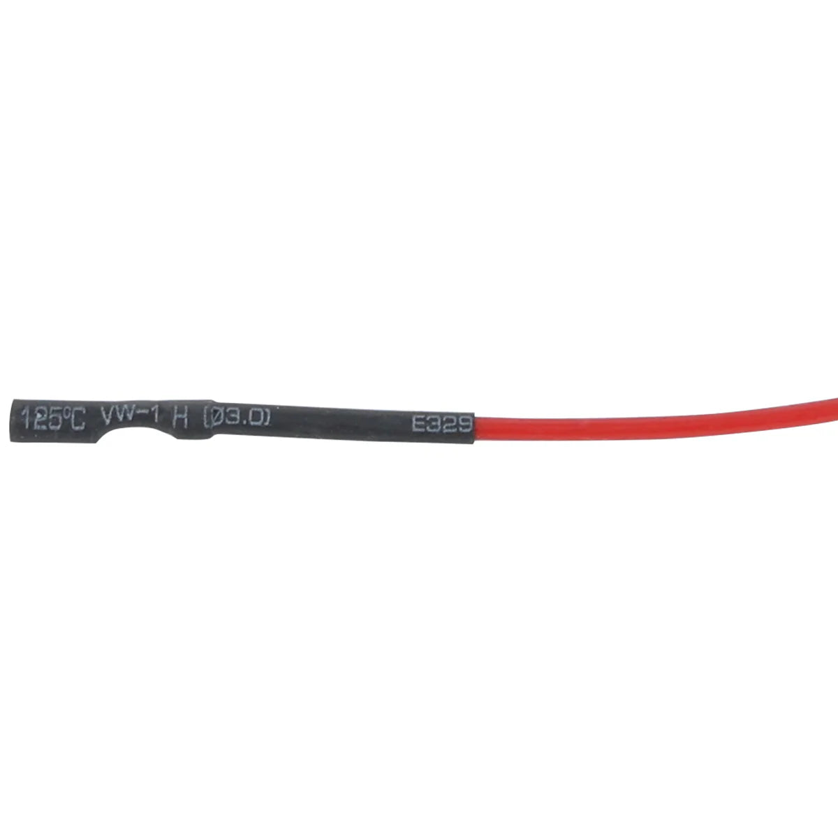 A close-up of a red insulated wire with a black cylindrical component labeled 125°C VW-1 H (03.0) E329, commonly used in flame sensor assemblies like the ECO-613. The background is plain white; part may be from Empura Parts.