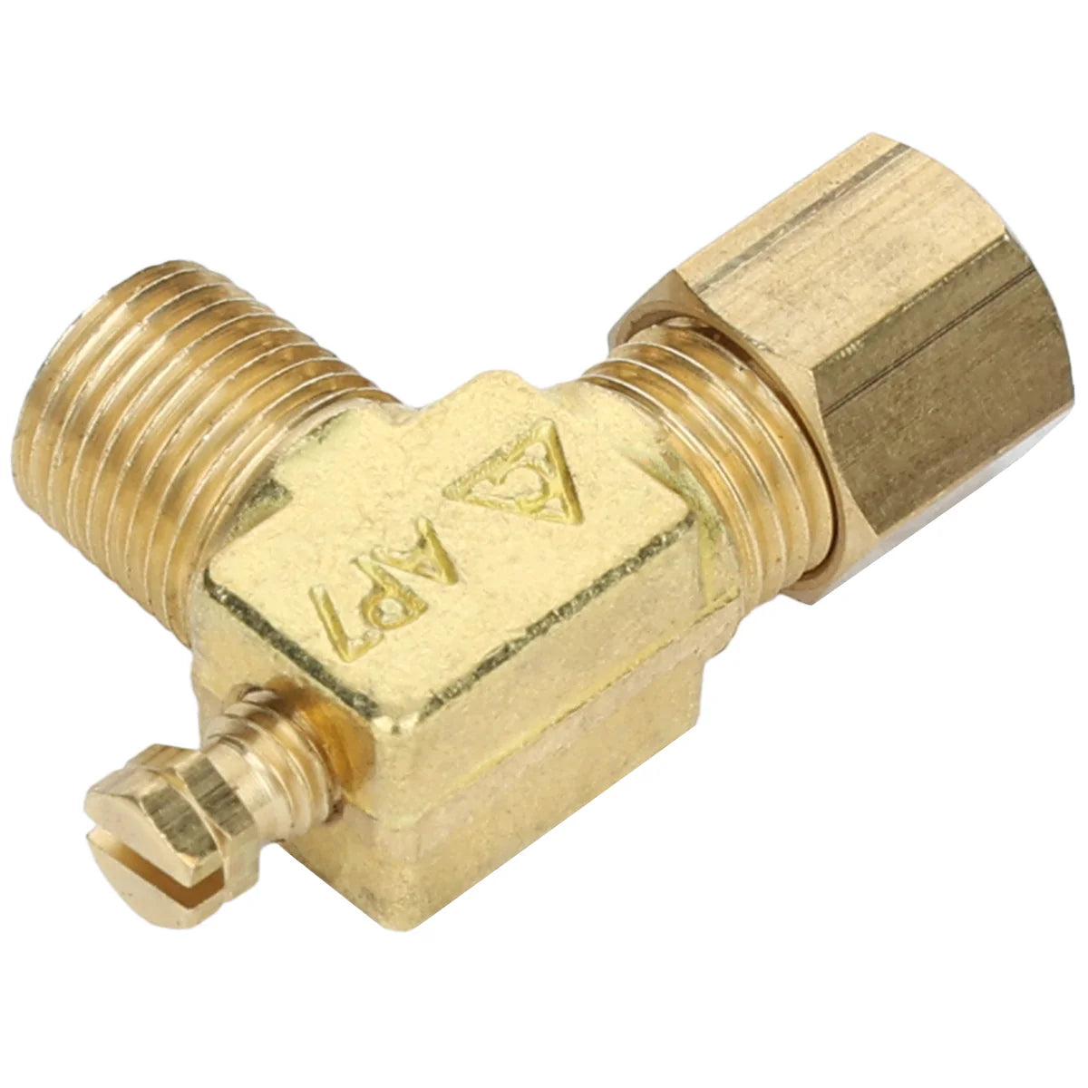 A brass Empura pilot valve for refrigerators, featuring threaded male and female ends, a hexagonal “A97” center, and a pin-like valve stem for refrigerant flow. Compatible with Empura Equipment parts. Gold metallic finish. 70202200282.