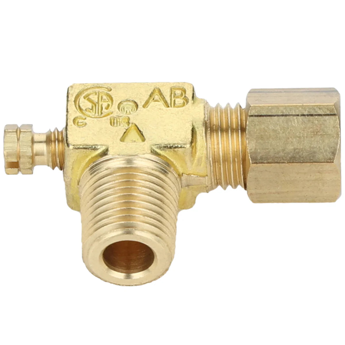 A brass Empura pilot valve, part number 70202200282, features three ports: a threaded male end forward, hexagonal female end right, and a pin connector left. Certification symbols, “AB,” and an arrow are marked on top. Ideal for Empura Equipment parts replacement.