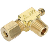 A brass compression tee fitting with threaded male ends and a compression nut on one side, engraved with “AP7” and a triangle symbol. Compatible with Empura Equipment parts like the Empura pilot valve 70202200282 for plumbing or gas systems.