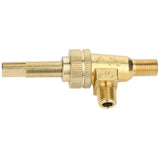 A close-up of an Empura gas control valve shows a brass plumbing valve with three threaded openings and a knurled knob for adjustment. The cylindrical body features markings and a hex nut, ideal for connecting Empura Equipment pipes or fittings. The background is plain white.