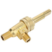 A brass air compressor tank drain valve with three threaded connections, knurled adjustment ring, and elongated handle. This Empura Parts valve features engraved specs and a gold metallic finish, designed for releasing air and moisture from compressor tanks.