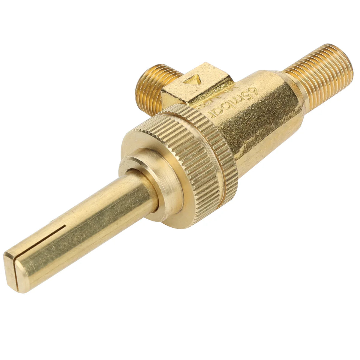 A brass Empura gas control valve nozzle with a knurled adjustment ring, two threaded ends, and a side valve. The cylindrical body features engraved markings and a shiny metallic finish. The nozzle is isolated on a white background.