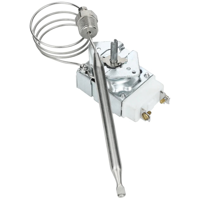 A metallic temperature control thermostat, such as the EGF-70/80 Empura thermostat, features a long probe, coiled sensing tube, adjustable rotary dial on a metal base, white plastic housing, and exposed brass wiring terminals.