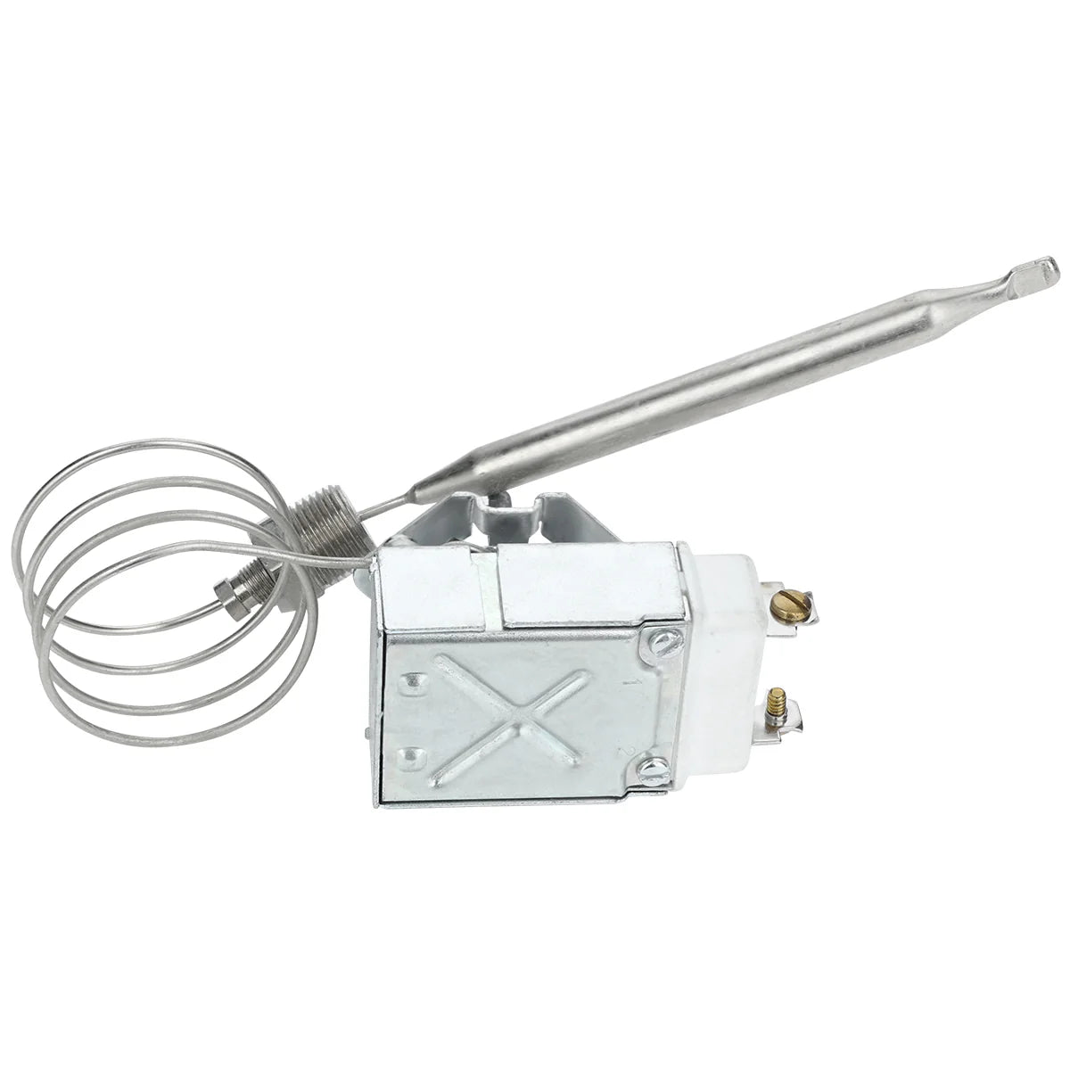 A metallic Empura thermostat with a coiled sensing bulb attached by a thin tube to a rectangular metal housing, featuring two screw terminals and a protruding rod-like probe. The housing has an X embossed on its surface. Compatible with EGF-70/80 models.