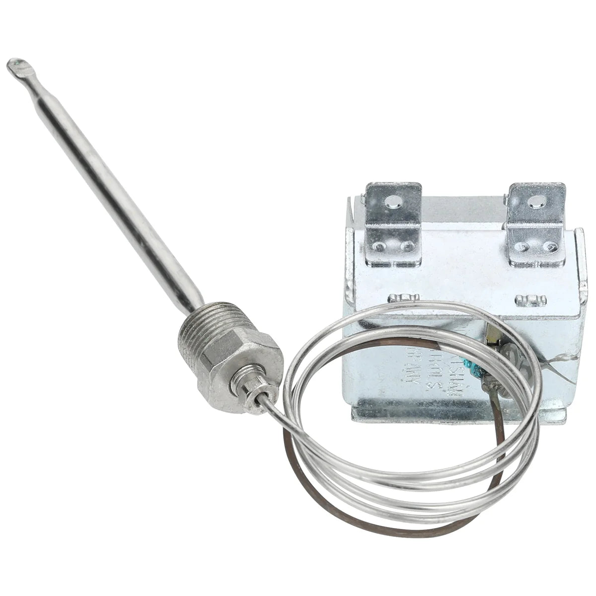 A metallic hi limit temperature control switch with a long probe, coiled sensor tube, and box-shaped base featuring four electrical terminals. Compatible with Empura Equipment, the base has a brushed silver finish.
