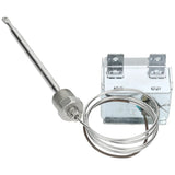 A metallic hi limit temperature control switch with a long probe, coiled sensor tube, and box-shaped base featuring four electrical terminals. Compatible with Empura Equipment, the base has a brushed silver finish.