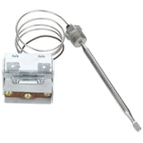A metal temperature sensor with a silver probe, ideal as a hi limit for Empura Equipment, connects via a flexible coiled capillary tube to a square metallic control box featuring three brass screw terminals. All parts are clean and set against a white background.