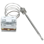 A metal temperature sensor with a silver probe, ideal as a hi limit for Empura Equipment, connects via a flexible coiled capillary tube to a square metallic control box featuring three brass screw terminals. All parts are clean and set against a white background.