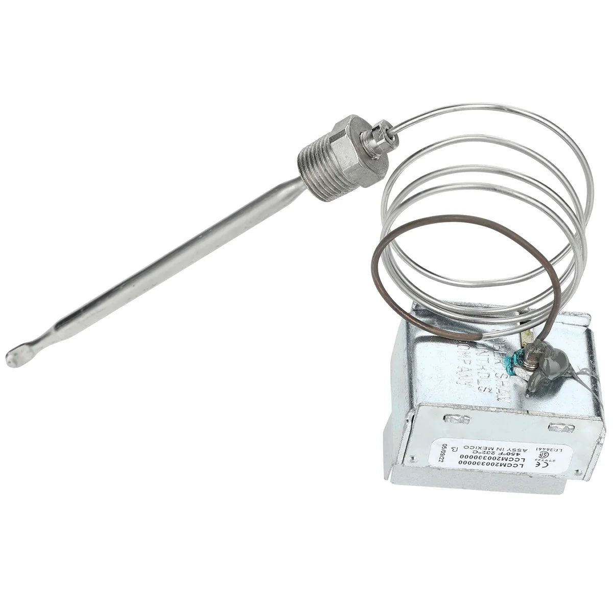 A metallic hi limit thermostat sensor with a long cylindrical probe attached to a flexible coiled wire and a rectangular silver control box. The box has a white label with text, common in Empura Equipment, and is mounted with a screw terminal on its side.