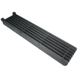 A rectangular, black plastic vent grille with parallel horizontal slats and two small clips on one short end, ideal for airflow or ventilation in Empura Parts or charbroilers. It features a slightly textured finish and is displayed on a white background.