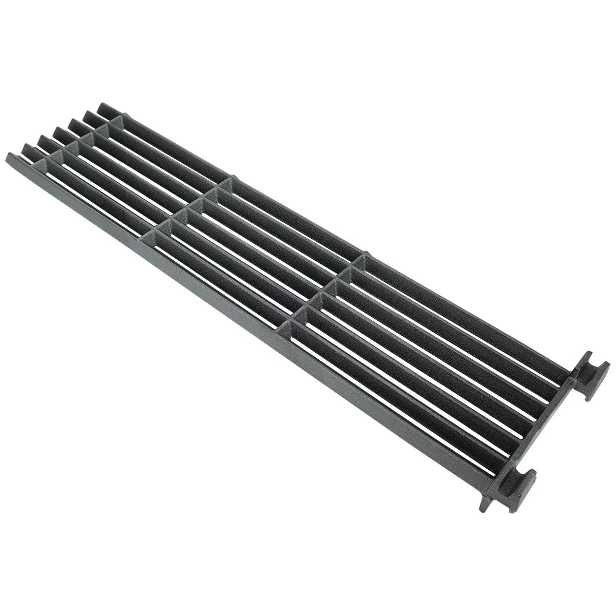 A rectangular black metal cooking grate with parallel bars running lengthwise and two crossbars for support. The sturdy, textured surface and raised edges make it ideal for holding food over charbroilers or as a replacement Empura Parts accessory.