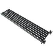 A rectangular black metal cooking grate with parallel bars running lengthwise and two crossbars for support. The sturdy, textured surface and raised edges make it ideal for holding food over charbroilers or as a replacement Empura Parts accessory.