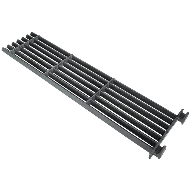 A rectangular black metal cooking grate with parallel bars running lengthwise and two crossbars for support. The sturdy, textured surface and raised edges make it ideal for holding food over charbroilers or as a replacement Empura Parts accessory.