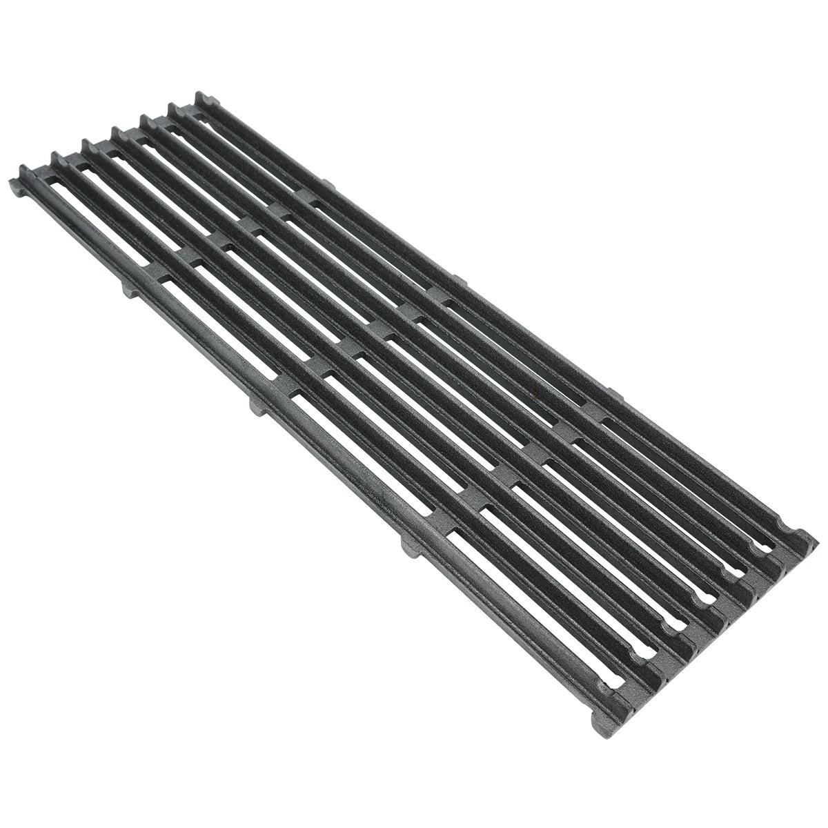 A rectangular, black cast iron cooking grate with evenly spaced parallel bars and small support ribs underneath, photographed on a white background at an angle, showcasing its sturdy construction and elongated design.