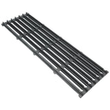 A rectangular, black cast iron cooking grate with evenly spaced parallel bars and small support ribs underneath, photographed on a white background at an angle, showcasing its sturdy construction and elongated design.