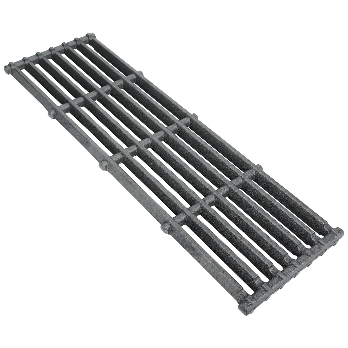 A black, rectangular cast iron charbroiler grate with parallel bars running lengthwise, slightly raised above a flat surface. The rugged texture is ideal for grilling or barbecuing, allowing heat and smoke to reach food from below.