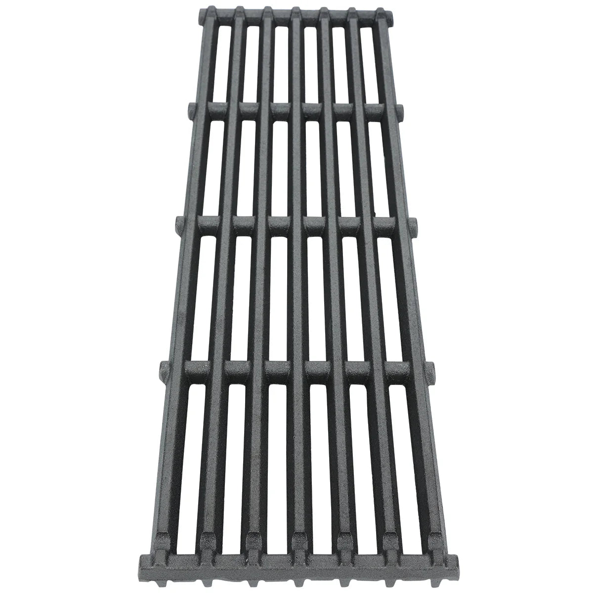 A rectangular, black cast iron cooking grate with parallel bars and three perpendicular supports. The matte, textured surface ensures even heat distribution when cooking. This Empura parts photo is taken from an overhead angle.