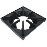 A black, square cast iron cooking grate from the EHP Standard Duty Series features six evenly spaced prongs radiating from a round center, designed to support pots and pans over a gas burner. This Empura Equipment grate is sturdy with a slightly textured surface.