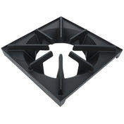 A black, square cast iron cooking grate from the EHP Standard Duty Series features six evenly spaced prongs radiating from a round center, designed to support pots and pans over a gas burner. This Empura Equipment grate is sturdy with a slightly textured surface.