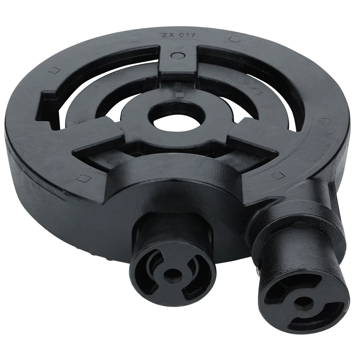 A black, circular industrial plastic component with grooves, cutouts, and two cylindrical connectors protruding from its base. The design and indented markings suggest it could be a burner assembly or Empura replacement part for a stock pot range.