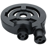 A black, circular industrial plastic component with grooves, cutouts, and two cylindrical connectors protruding from its base. The design and indented markings suggest it could be a burner assembly or Empura replacement part for a stock pot range.