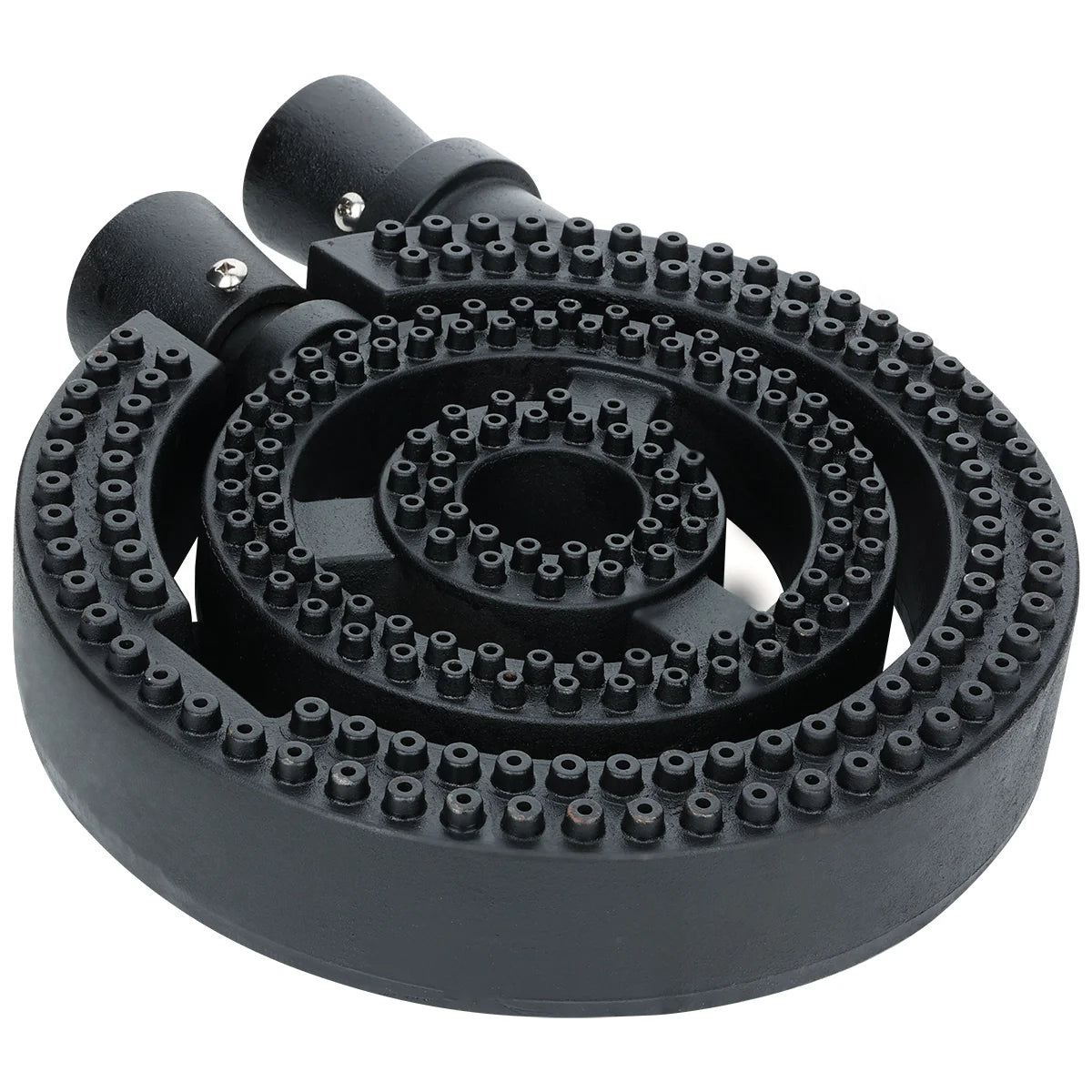 A black cast iron circular burner assembly with three concentric rings of flame ports, designed as an Empura replacement part for a stock pot range. Two inlet pipes with screws allow gas flow, and small holes ensure even flame distribution.