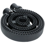 A black cast iron circular burner assembly with three concentric rings of flame ports, designed as an Empura replacement part for a stock pot range. Two inlet pipes with screws allow gas flow, and small holes ensure even flame distribution.