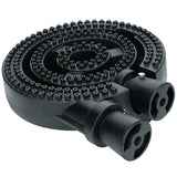 A black cast iron spiral gas burner assembly with two round gas inlets at the front and multiple small holes for flame distribution. This thick, sturdy Empura replacement part is ideal for a stock pot range, featuring a durable coiled design.