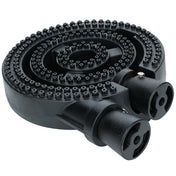 A black cast iron spiral gas burner assembly with two round gas inlets at the front and multiple small holes for flame distribution. This thick, sturdy Empura replacement part is ideal for a stock pot range, featuring a durable coiled design.