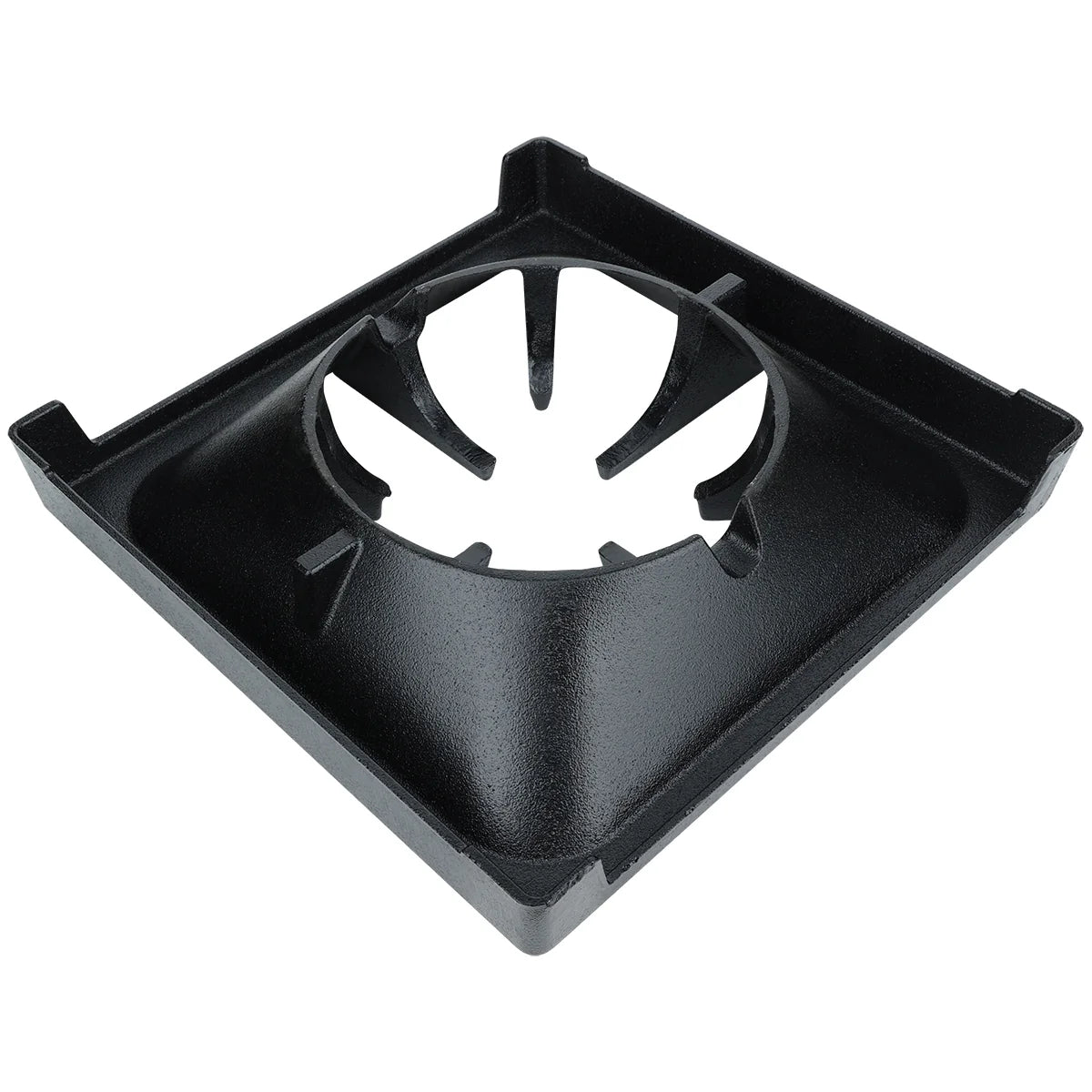This heavy duty Empura Equipment burner grate features a square, cast iron design with raised edges. The circular center has angled slots for cookware, and four corner feet provide stability. Its textured, matte finish ensures durability and style.
