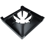 This heavy duty Empura Equipment burner grate features a square, cast iron design with raised edges. The circular center has angled slots for cookware, and four corner feet provide stability. Its textured, matte finish ensures durability and style.