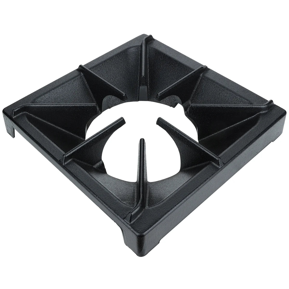 A black, square, heavy duty cast iron Empura Equipment burner grate with a circular center opening and raised prongs to support cookware. It features angled supports from center to corners and sits flat with a slight lip around the edge.