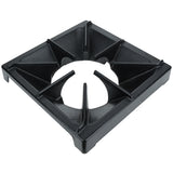 A black, square, heavy duty cast iron Empura Equipment burner grate with a circular center opening and raised prongs to support cookware. It features angled supports from center to corners and sits flat with a slight lip around the edge.