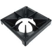A black, square, heavy duty cast iron Empura Equipment burner grate with a circular center opening and raised prongs to support cookware. It features angled supports from center to corners and sits flat with a slight lip around the edge.