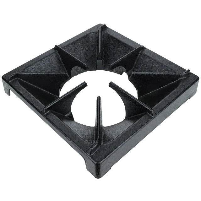 A black, square, heavy duty cast iron Empura Equipment burner grate with a circular center opening and raised prongs to support cookware. It features angled supports from center to corners and sits flat with a slight lip around the edge.