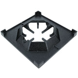 A black, square-shaped Empura Parts cast iron burner grate with raised edges and an open circular center, featuring four prongs to support cookware. The textured surface and slightly elevated corners fit perfectly with Empura Equipment.