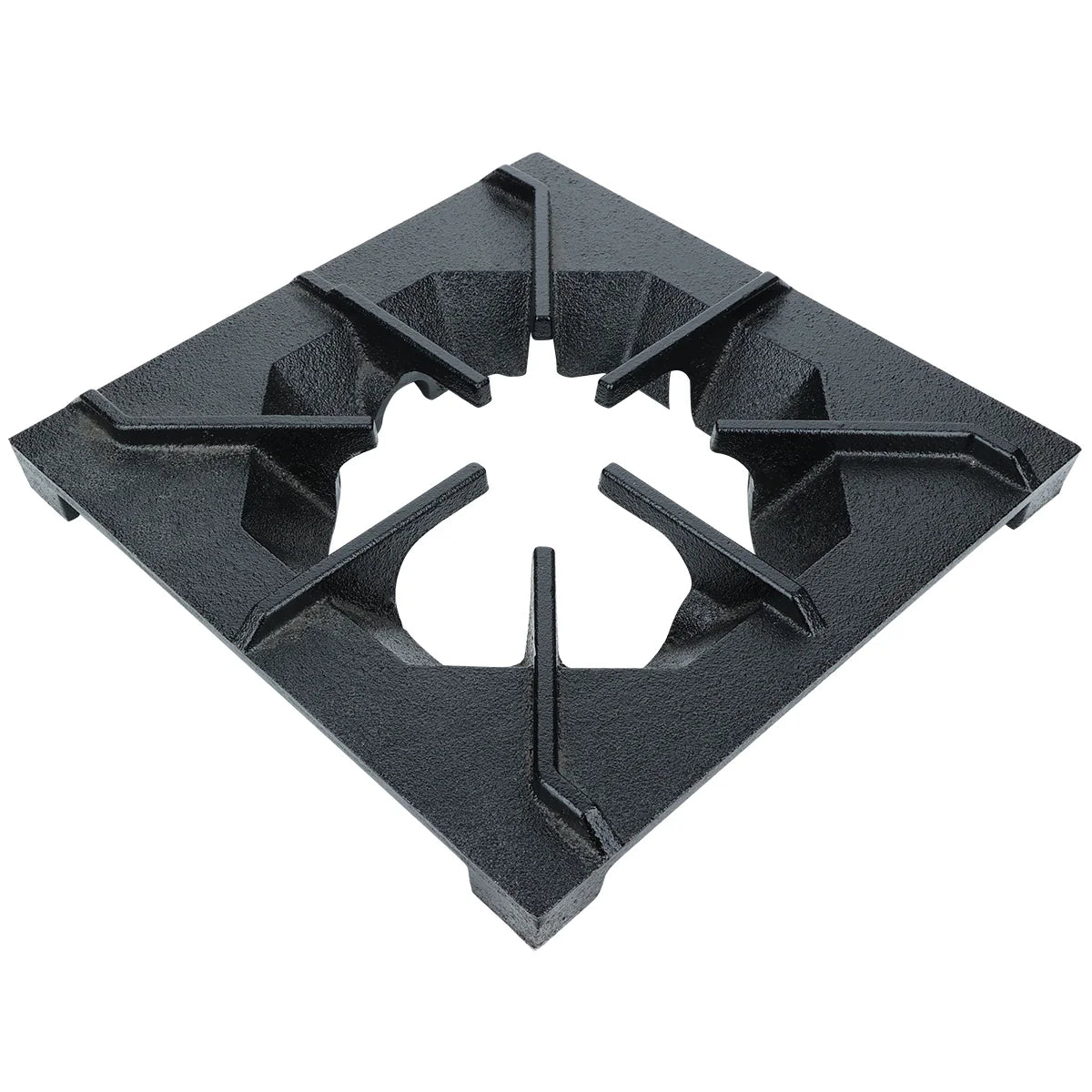 A black, square cast iron burner grate with four raised arms radiating from a central circular opening. The sturdy, angular design from Empura Equipment supports pots and pans above a gas burner, featuring a slightly textured finish.