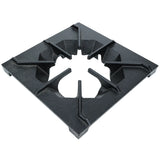A black, square cast iron burner grate with four raised arms radiating from a central circular opening. The sturdy, angular design from Empura Equipment supports pots and pans above a gas burner, featuring a slightly textured finish.